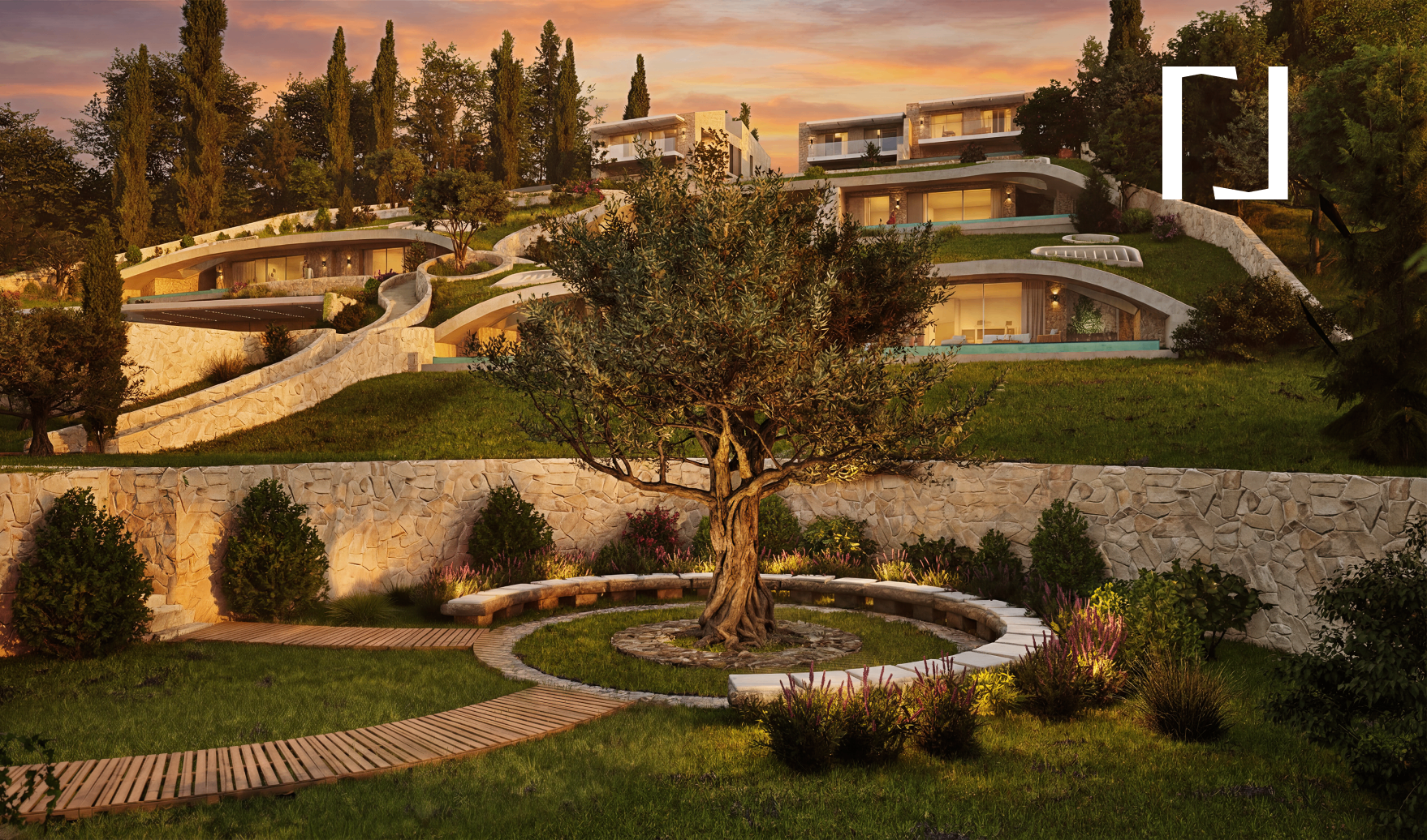 Aerial view of a Mediterranean villa among olive groves